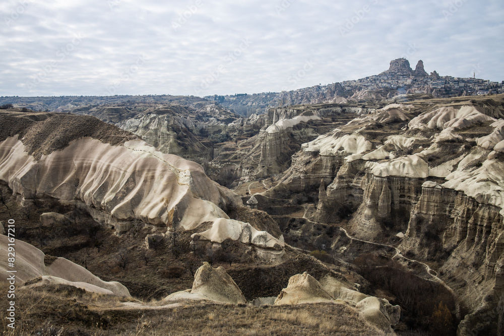 landscape overlooking the rocks of the ancient city Cappadocia in Türkiye.