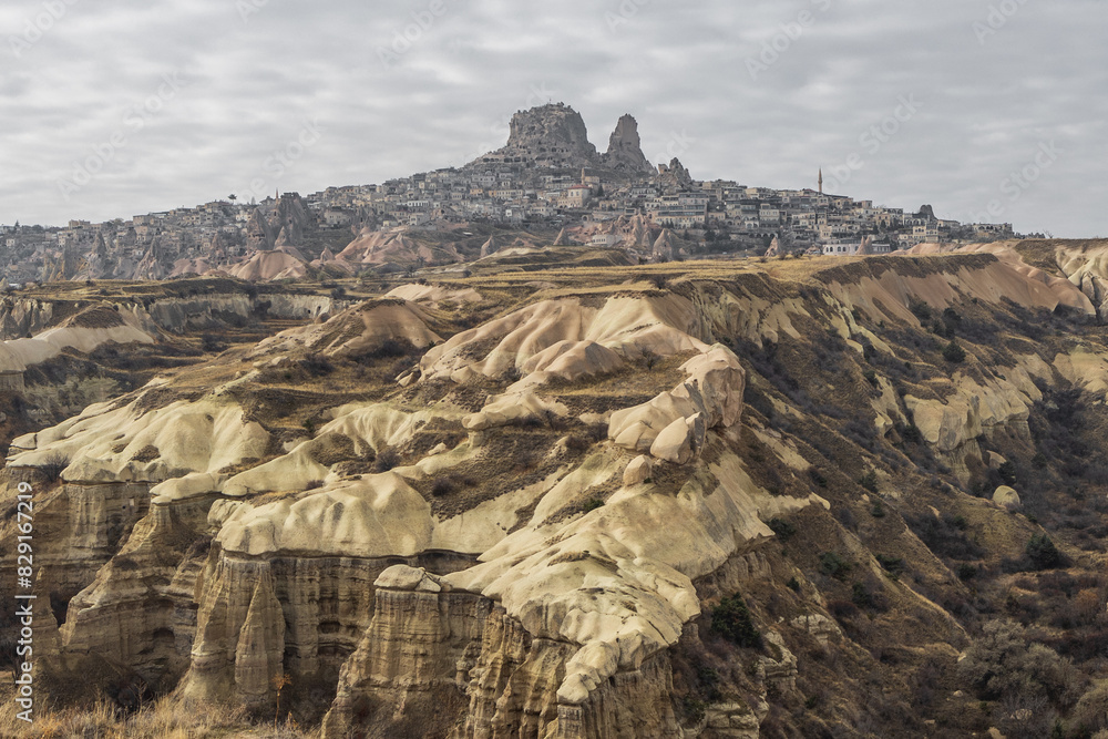 landscape overlooking the rocks of the ancient city Cappadocia in Türkiye.
