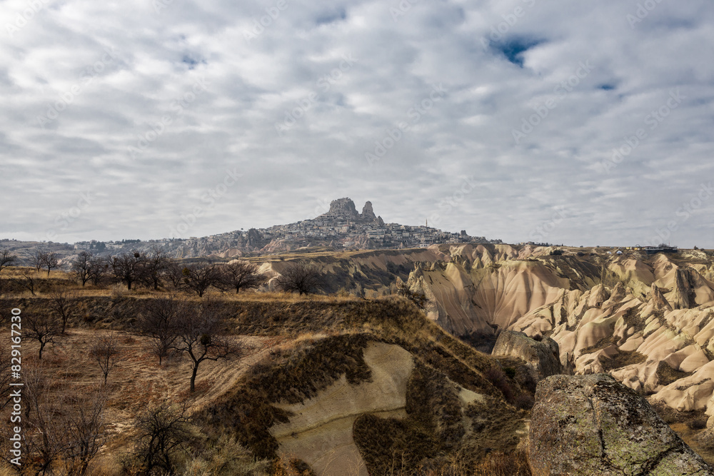 landscape overlooking the rocks of the ancient city Cappadocia in Türkiye.