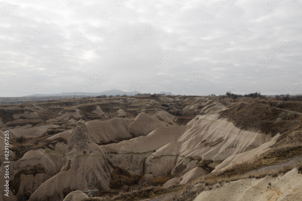 landscape overlooking the rocks of the ancient city Cappadocia in Türkiye.