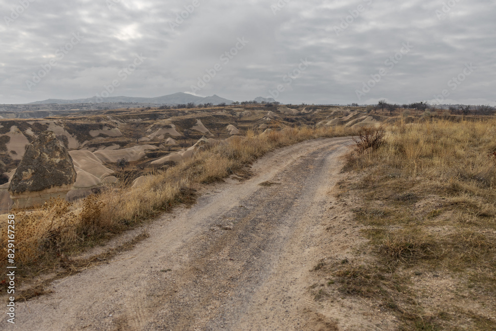 landscape overlooking the rocks of the ancient city Cappadocia in Türkiye.