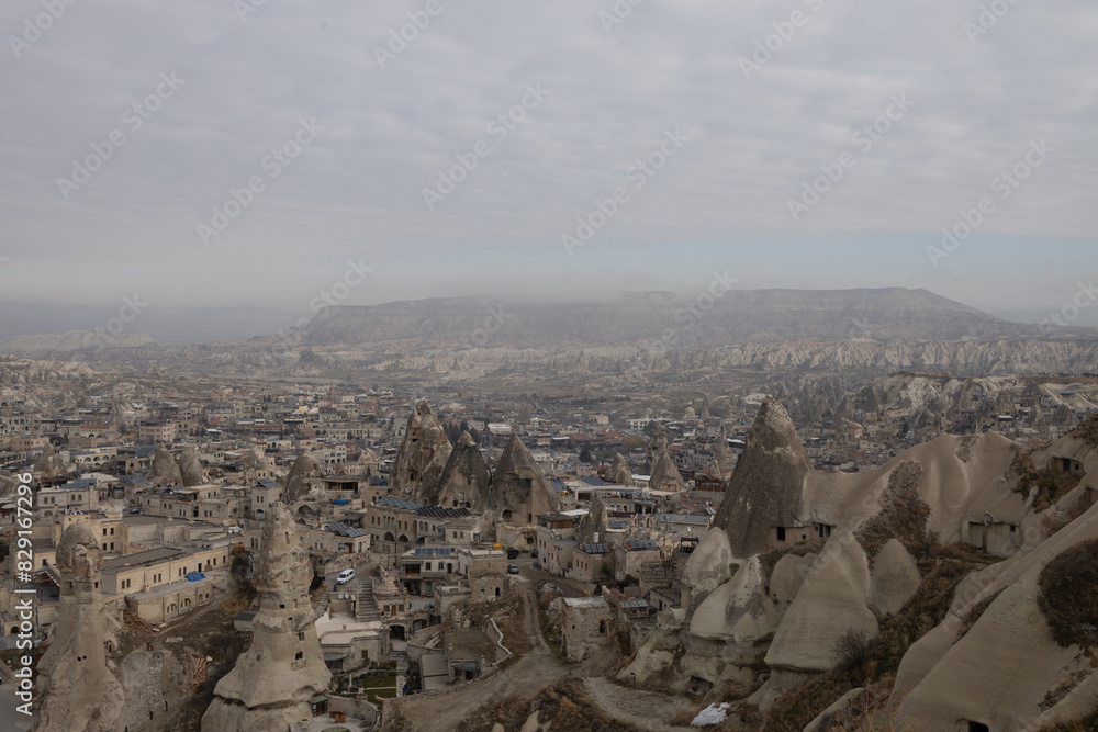 landscape overlooking the rocks of the ancient city Cappadocia in Türkiye.