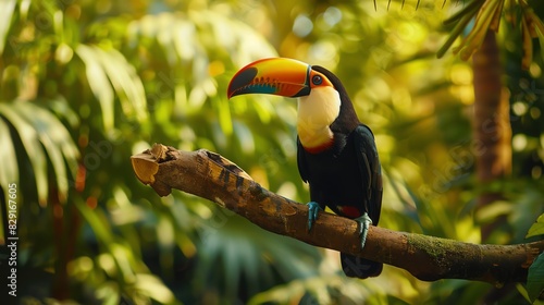 Vibrant toucan perched on a tree branch in a lush tropical forest  showcasing its brightly colored beak and beautiful plumage.