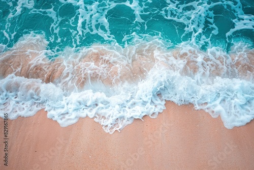 Top view of the beautiful ocean shore with waves and foam on the sand. Seychelles. Texture and background tourism design - generative ai