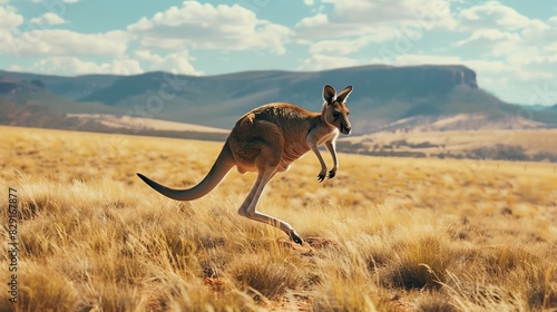 Kangaroo hopping through a grassy plain with mountains in the background under a partly cloudy sky.