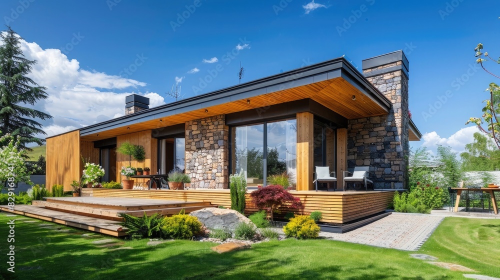 small modern wooden house with stone elements, garden and terrace, blue sky, exterior design