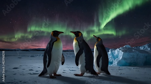 Three penguins standing in front of a colorful aurora borealis in the sky. generative ai