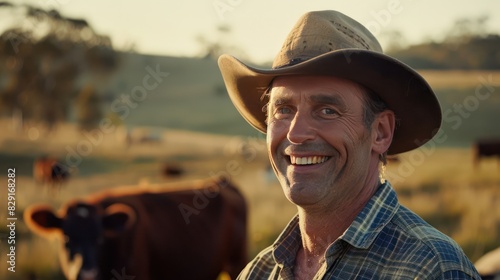 A man herding cow cattle, wearing a plaid shirt and cowboy hat against the backdrop of a farm field.