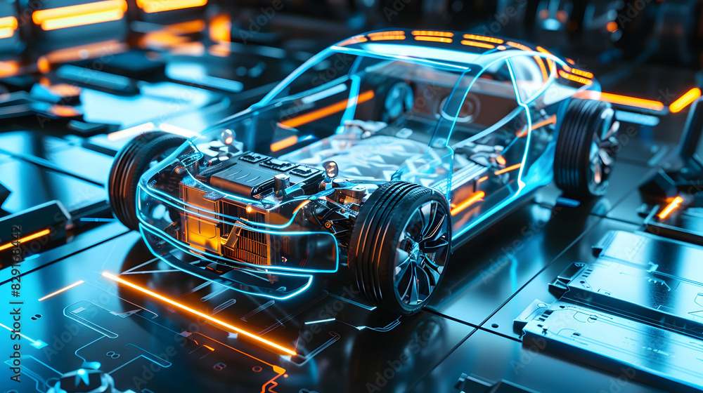 futuristic electric car wireframe parks in garage concept futuristic electric car wireframe parks in garage concept