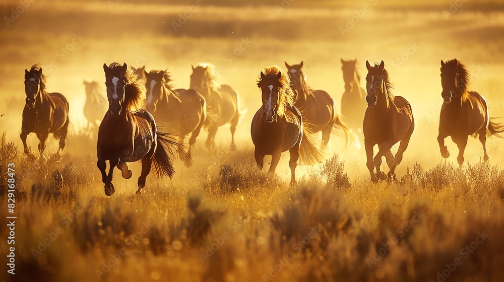 Group of wild horses running through a desert landscape illuminated by ...