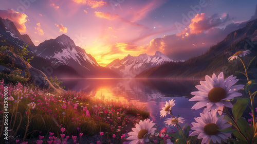 A mountain landscape at sunset, with a vibrant sky in shades of orange and pink reflecting in the calm lake in the foreground. Include wildflowers in the foreground with dew details on the petals, in  #829169008