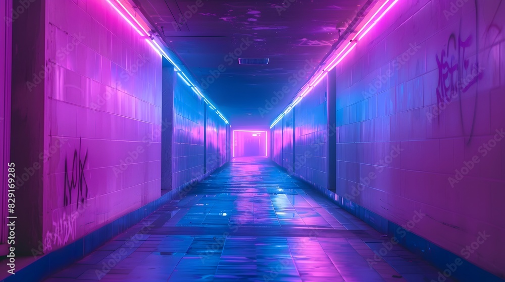 abstract background of futuristic corridor with purple and blue neon lights. 