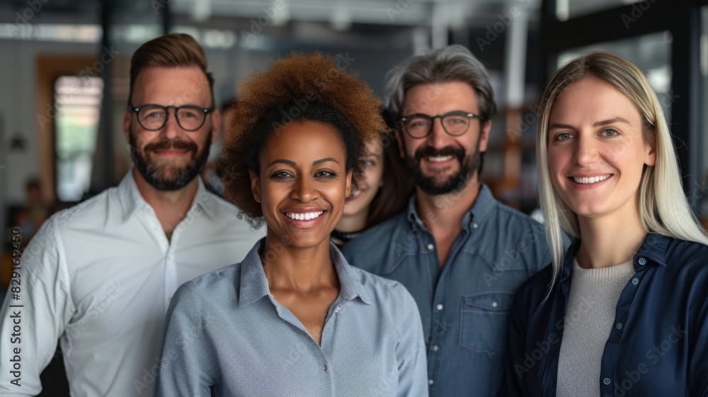 Professional white-collar team smiling confidently in a modern office setting, faces sharply in focus under bright lights, HD close-up of their upper bodies Professional white-collar team smiling confidently in a modern office setting, faces sharply in focus under bright lights, HD close-up of their upper bodies