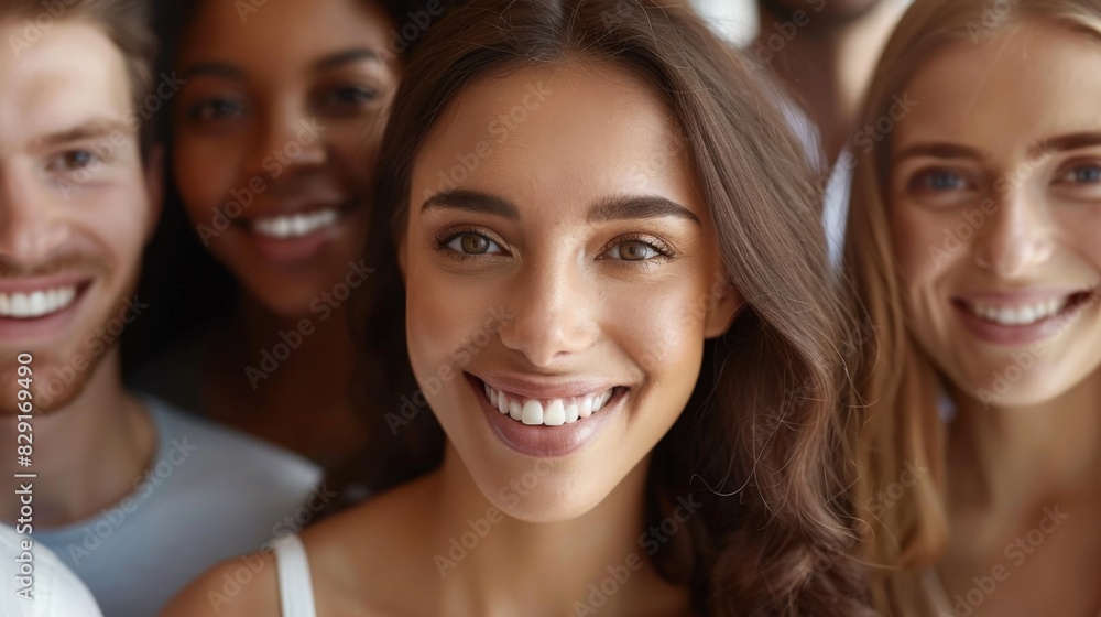 Professional white-collar team smiling confidently in a modern office setting, faces sharply in focus under bright lights, HD close-up of their upper bodies Professional white-collar team smiling confidently in a modern office setting, faces sharply in focus under bright lights, HD close-up of their upper bodies
