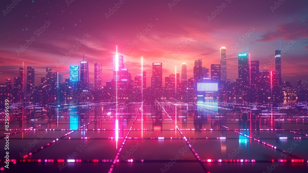Neon skyline casting vibrant reflections on digital grid lines