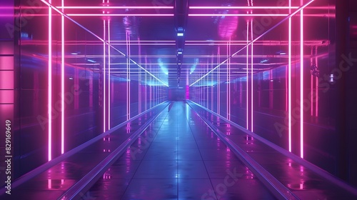 abstract background of futuristic corridor with purple and blue neon lights. 