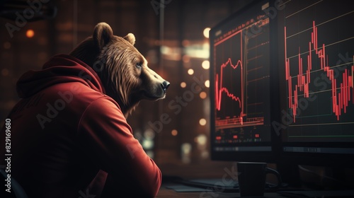 A bear wearing a hoodie sits in front of computer monitors displaying stock market charts with red graphs in a dimly lit room.