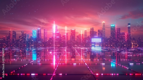 Neon skyline casting vibrant reflections on digital grid lines