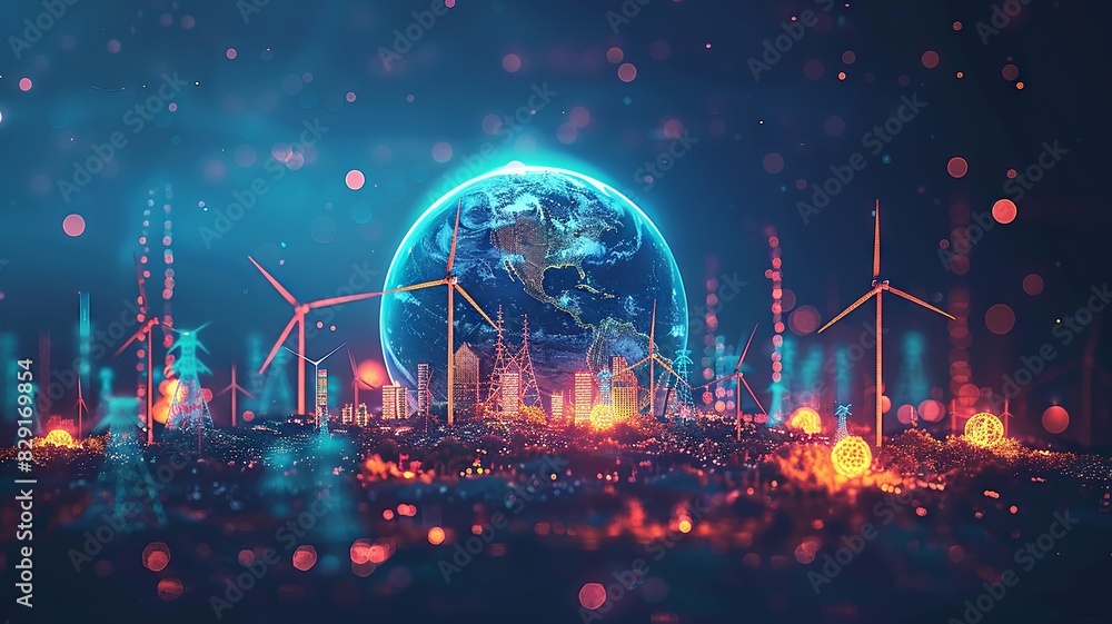 Fototapeta premium Futuristic city skyline with glowing lights and renewable energy windmills