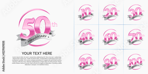 anniversary logotype set vector  pink color and silver ribbon for special day celebration