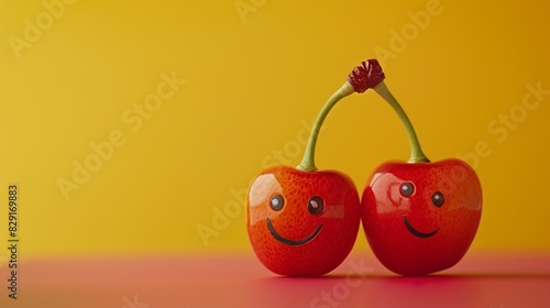 Two couple cherry with smiley faces on a desk. International Friendship Day Concept.