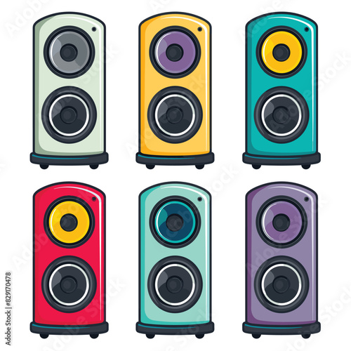 Six colorful standing speakers cartoon style isolated white background. Variety speakers different colors such red, yellow, purple, teal. Home audio equipment, music playback, stylish modern design