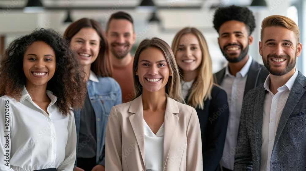 Professional white-collar team smiling confidently in a modern office setting, faces sharply in focus under bright lights, HD close-up of their upper bodies Professional white-collar team smiling confidently in a modern office setting, faces sharply in focus under bright lights, HD close-up of their upper bodies