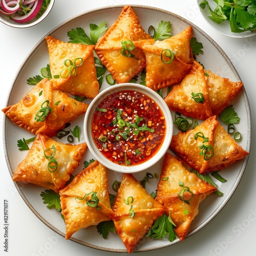 Photo of a crab rangoon plate with white background photo