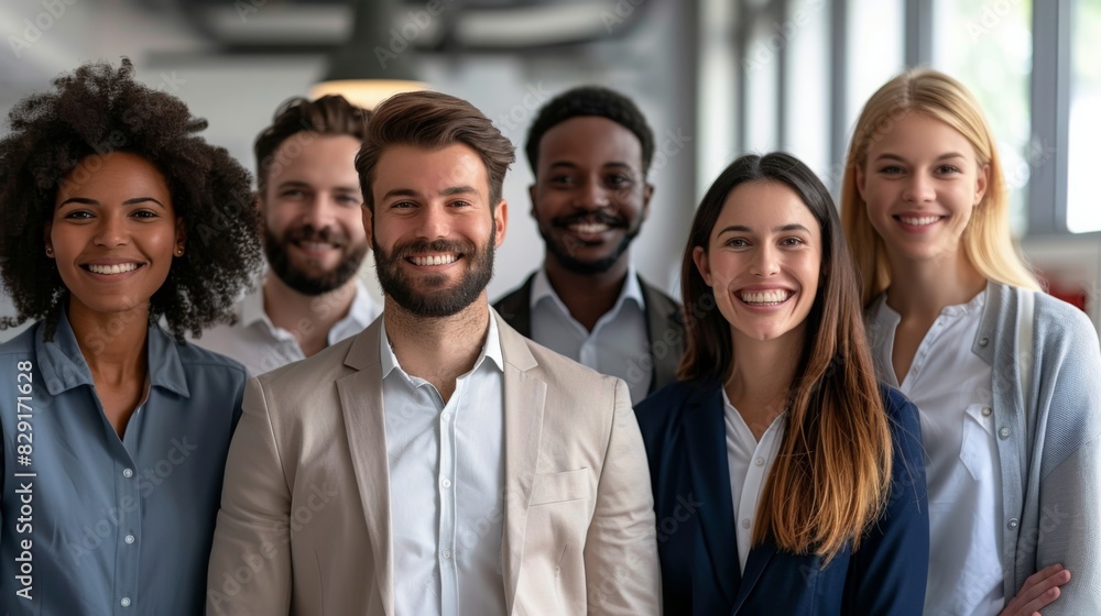 Professional white-collar team smiling confidently in a modern office setting, faces sharply in focus under bright lights, HD close-up of their upper bodies Professional white-collar team smiling confidently in a modern office setting, faces sharply in focus under bright lights, HD close-up of their upper bodies