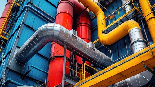 Industrial plant exteriors with crisscrossing pipes and vents against a backdrop of colorful industrial buildings photo