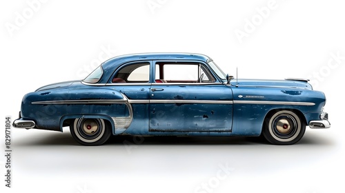 Weathered Vintage Blue American Sedan on Stark White Background