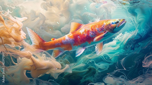Dynamic trout swimming upstream in spiraling water currents photo