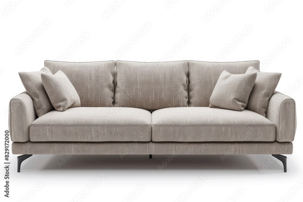 Fototapeta premium 3 seat light beige sofa with pillow on white backdrop viewed from the front