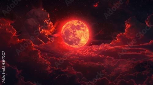 Crimson clouds and lunar eclipse