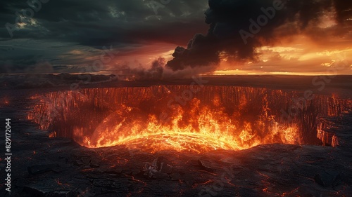 Earth opens fiery jaws in a rugged landscape under a starless sky