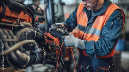 A mechanic using a diagnostic tool to troubleshoot a malfunctioning engine on a skid steer identifying the issue and making necessary repairs. photo