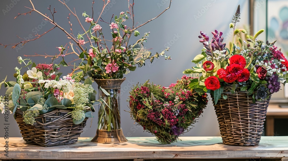 Three floral displays are showcased on a tabletop featuring a heart shaped container and two other arrangements in baskets Three floral displays are showcased on a tabletop featuring a heart shaped container and two other arrangements in baskets
