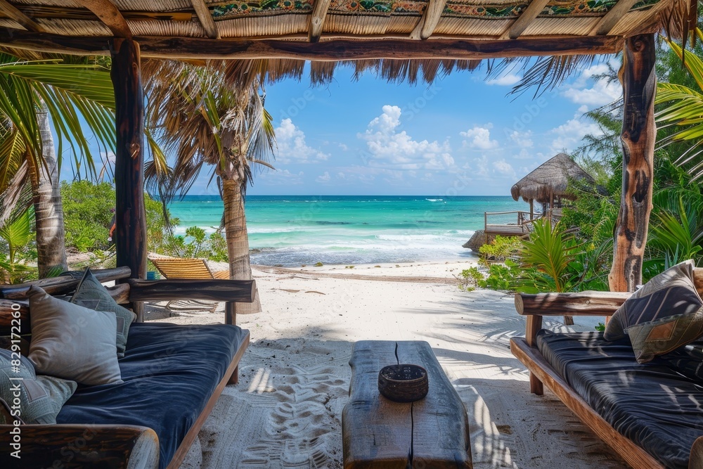 A cabana terrace with a view of Tulum s white sand beach in Yucatan Mexico