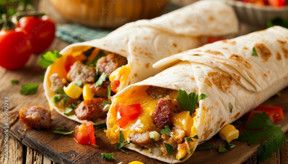 A couple of tortilla wraps filled with scrambled egg sausage and tomato A couple of tortilla wraps filled with scrambled egg sausage and tomato