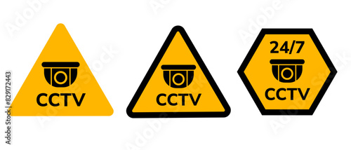 CCTV watching sign surveillance camera under graphic set yellow sticker label sign caution zone area