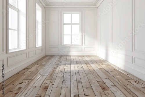 A white room with wood floors and trims