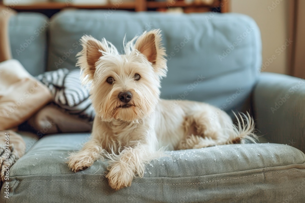 Adorable dog with fur on couch in house Adorable dog with fur on couch in house
