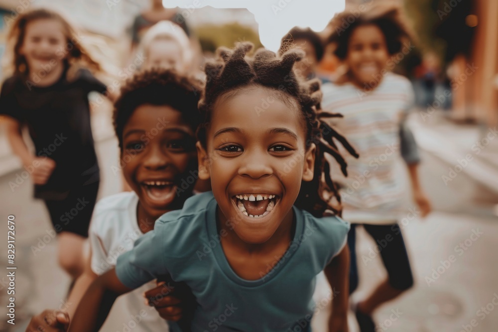 Little african american girl laughing and looking at camera with her friends on background Little african american girl laughing and looking at camera with her friends on background