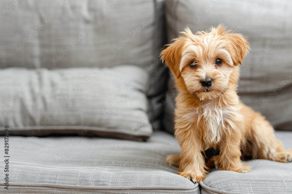 Adorable puppy near wet spot on couch indoors Adorable puppy near wet spot on couch indoors