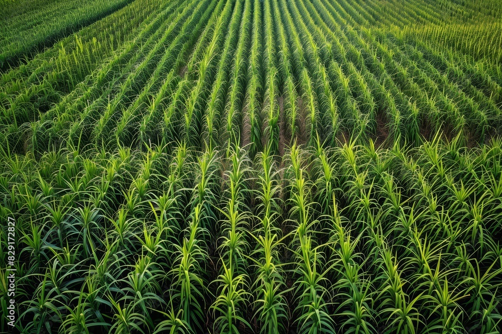 Aerial view of sugarcane plantation in agricultural industry Aerial view of sugarcane plantation in agricultural industry