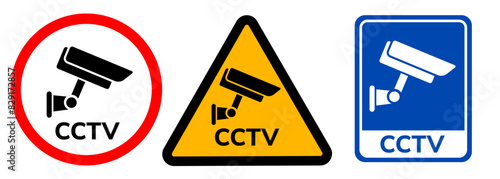 cctv sign symbol in circle triangle and blue graphic set yellow sticker label sign caution zone area