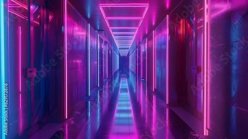 abstract background of futuristic corridor with purple and blue neon lights. 