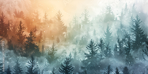Misty landscape with fir forest in hipster vintage retro style,  Tree nature blue misty mystical.  © Sohail