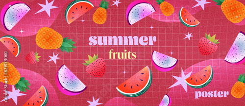 Modern art designs of summer fruits, specifically dragon fruits, watermelons, strawberrys and pineapples in a vibrant, minimalist style. Design template for Label, ads, poster, cover, banner.