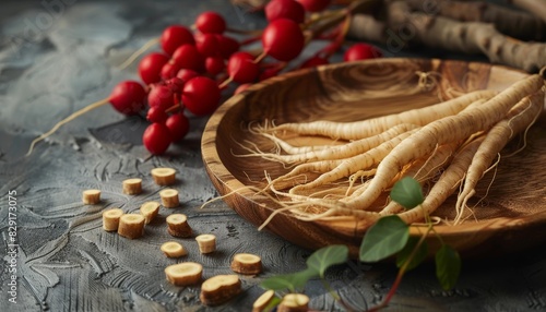 Arranged ginseng slices on wood dish with anti inflammatory antioxidants photo